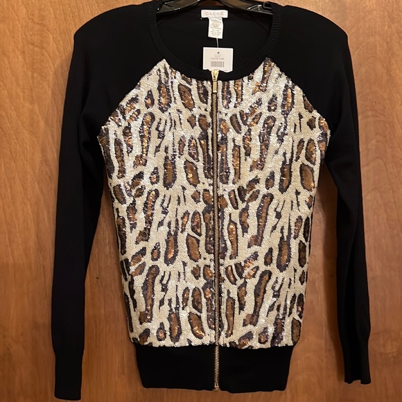 NWT CACHE SEQUIN LEOPARD PRINT ZIPPER CARDIGAN